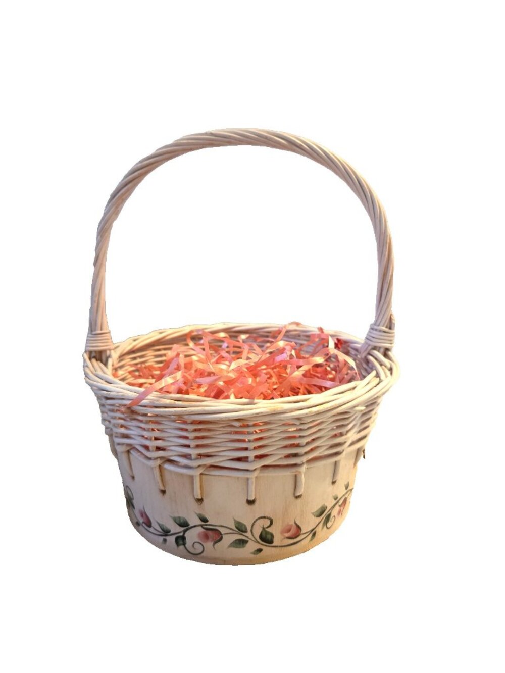 White Basket Painted with Pink Rose Buds Spring Decor